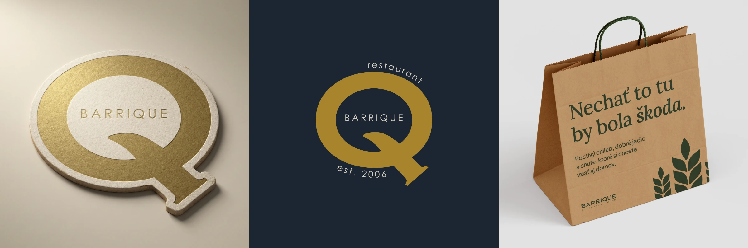 Q ikona BARRIQUE na podtácku, logo a taška na jídlo